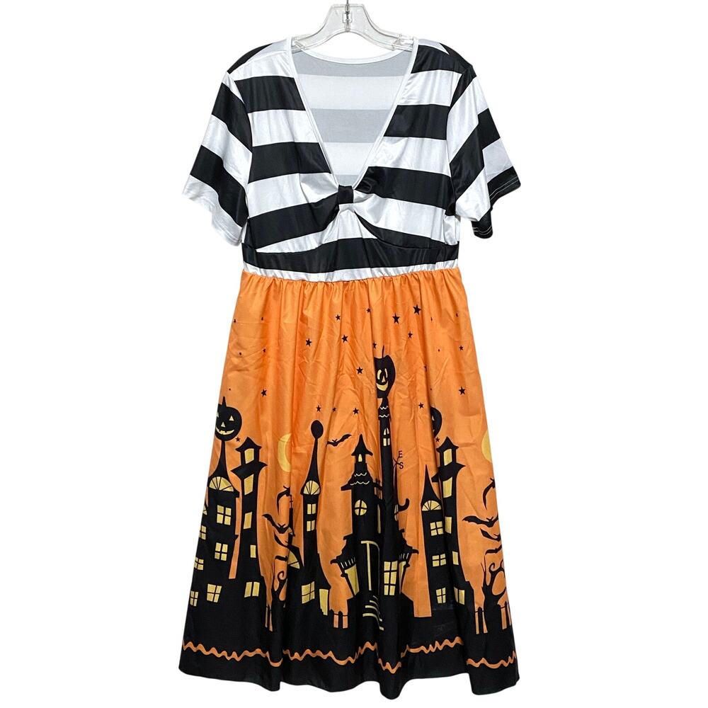 Orange Halloween Party Dress Plus 1XL Trick Or Treat Pumpkin Bats Spooky Costume